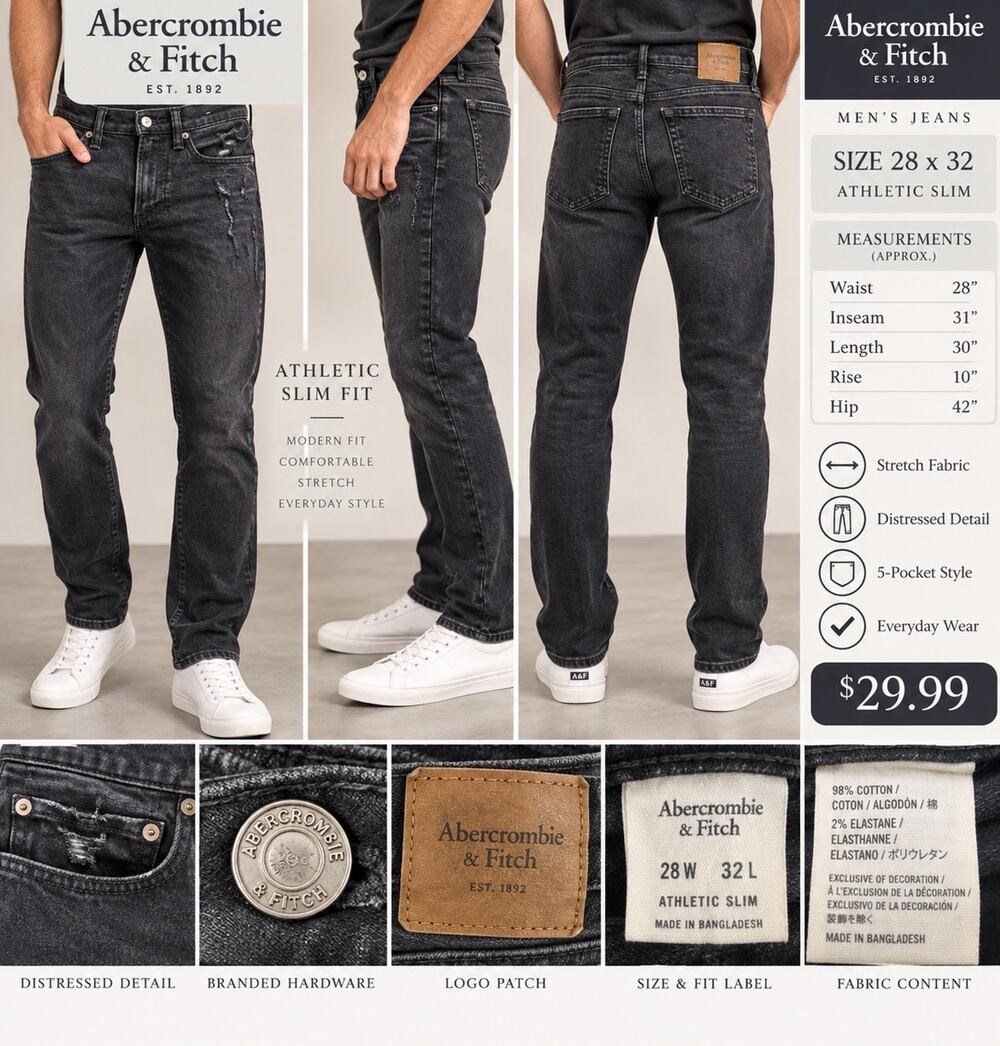 Abercrombie & Fitch Men’s Athletic Slim Black Stretch Distressed Jeans